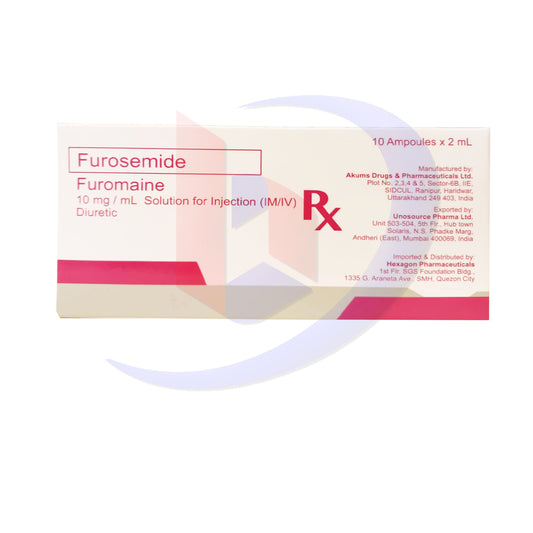 Furosemide (Furomaine) 10mg/ml Solution for Injection IM.IV. Diuretic 2ml X Ampoules 10's